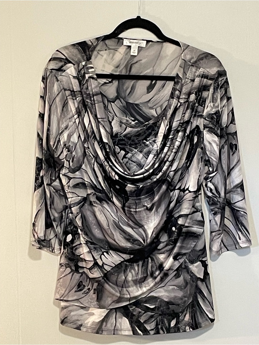 Draped Cowl Neck Women’s Top in Black & Gray. Item #11630